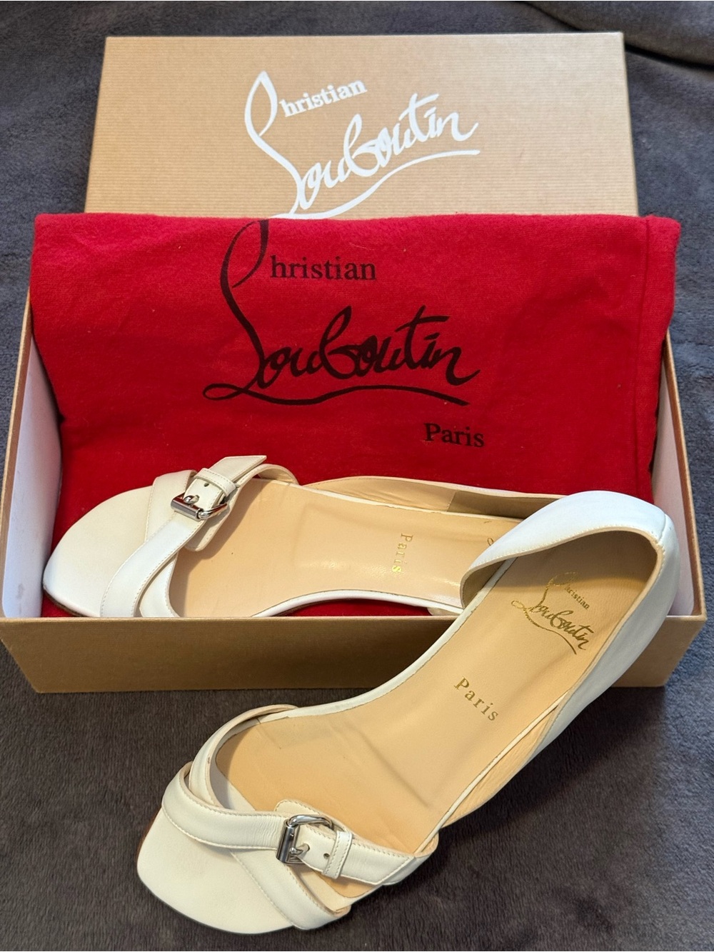 Christian Louboutin White Leather Open-Toe Buckle Sandals